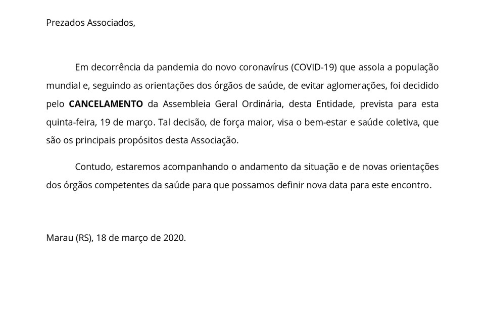 Cancelamento Assembleia Geral Ordinária