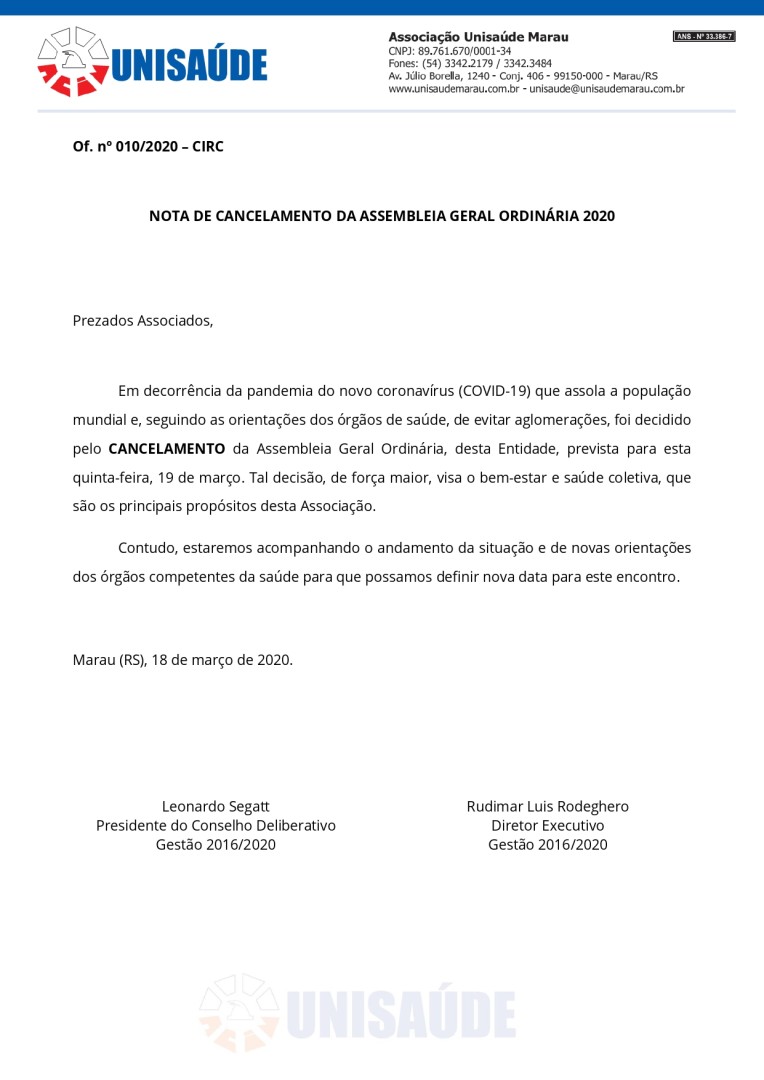 Cancelamento Assembleia Geral Ordinária